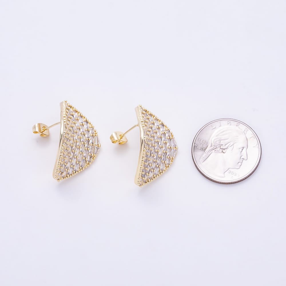 16K Gold Filled 29mm Clear Baguette Micro Paved CZ Organic Curved Triangle Stud Earrings | Earrings-00942