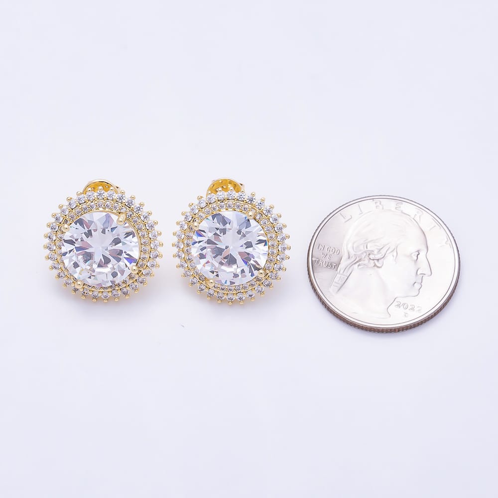 16K Gold Filled 19mm Round Solitaire Double Micro Paved CZ Stud Earrings | Earrings-00961 - Earrings-00962