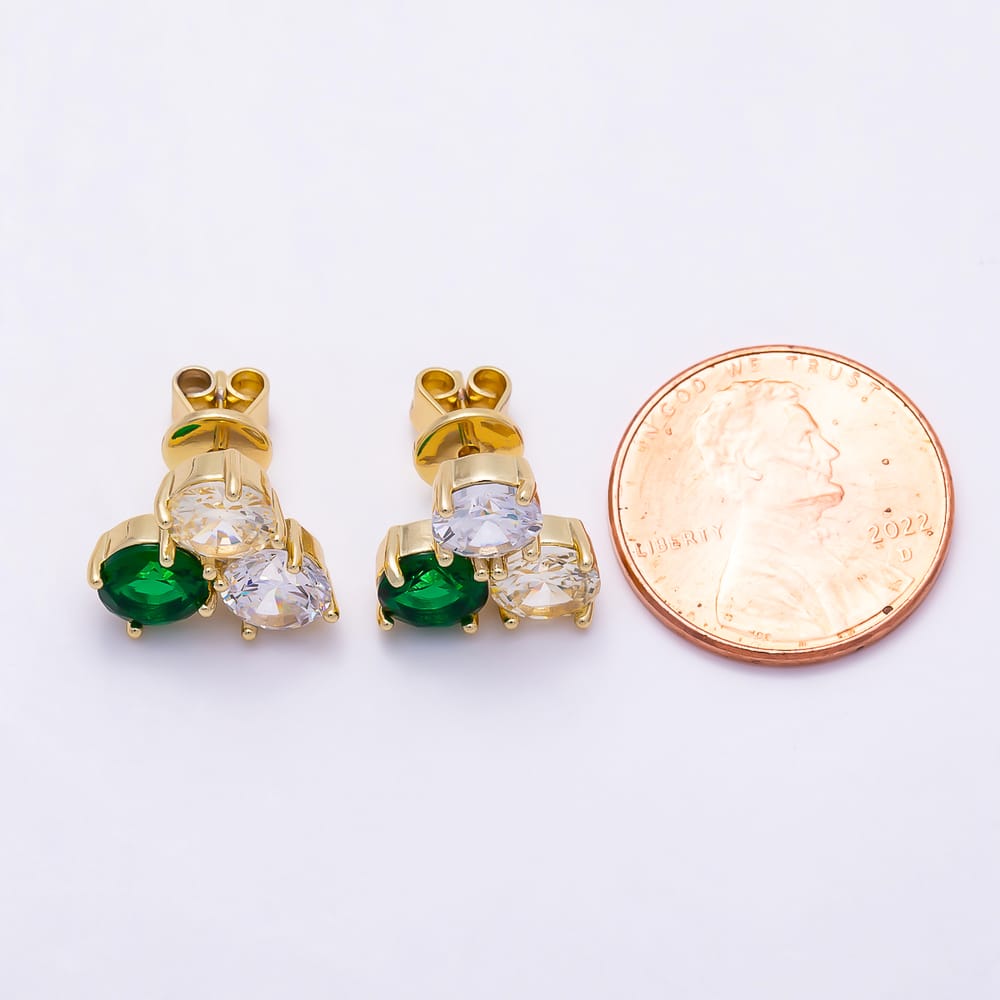 16K Gold Filled 15mm Trio Round Emerald Green Clear Yellow CZ Cluster Stud Earrings | Earrings-00935