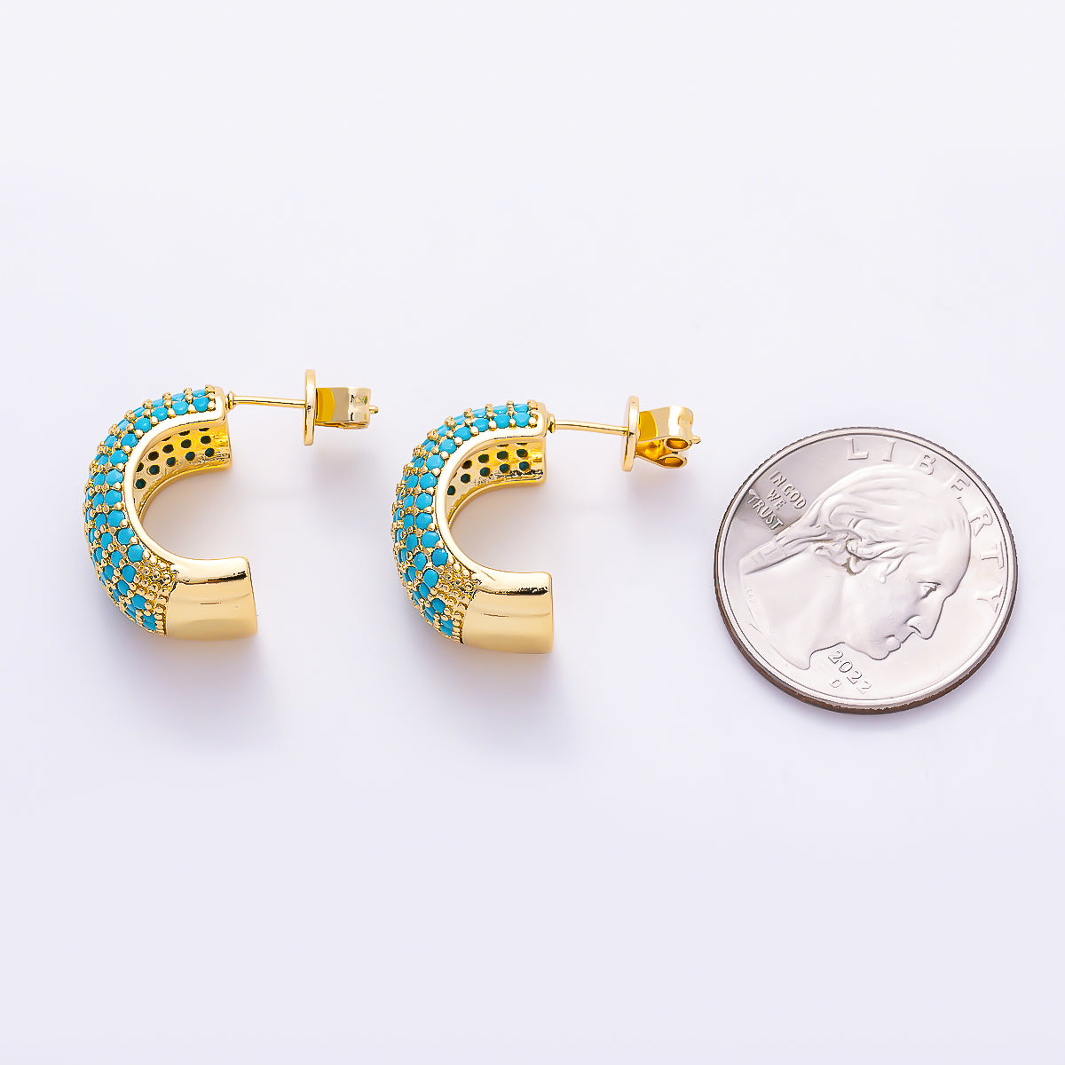 16K Gold Filled 23mm Turquoise Micro Paved CZ C-Hoops Earrings | Earrings-00836