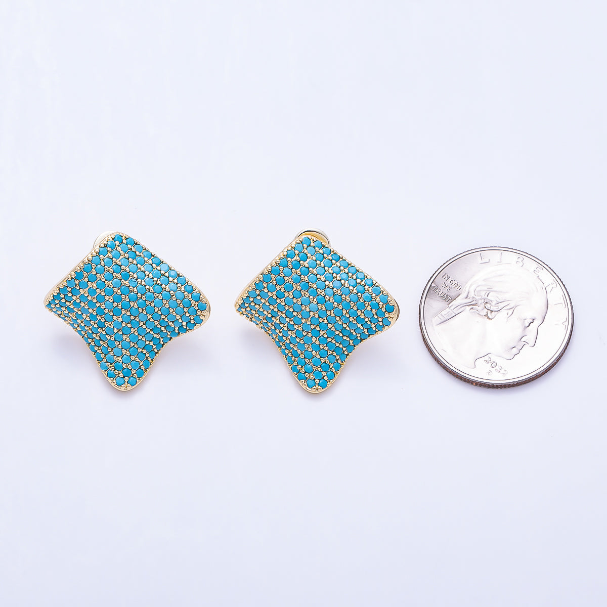 16K Gold Filled 26mm Turquoise Micro Paved CZ Asymmetric Rhombus Stud Earrings | Earrings-00804