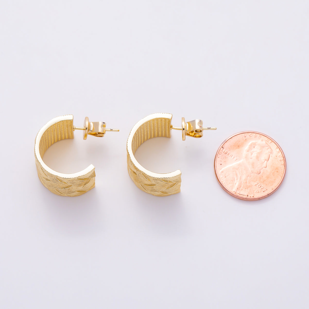 16K Gold Filled 23mm Lined Woven Geometric Wide C-Shaped Hoops | Earrings-00787