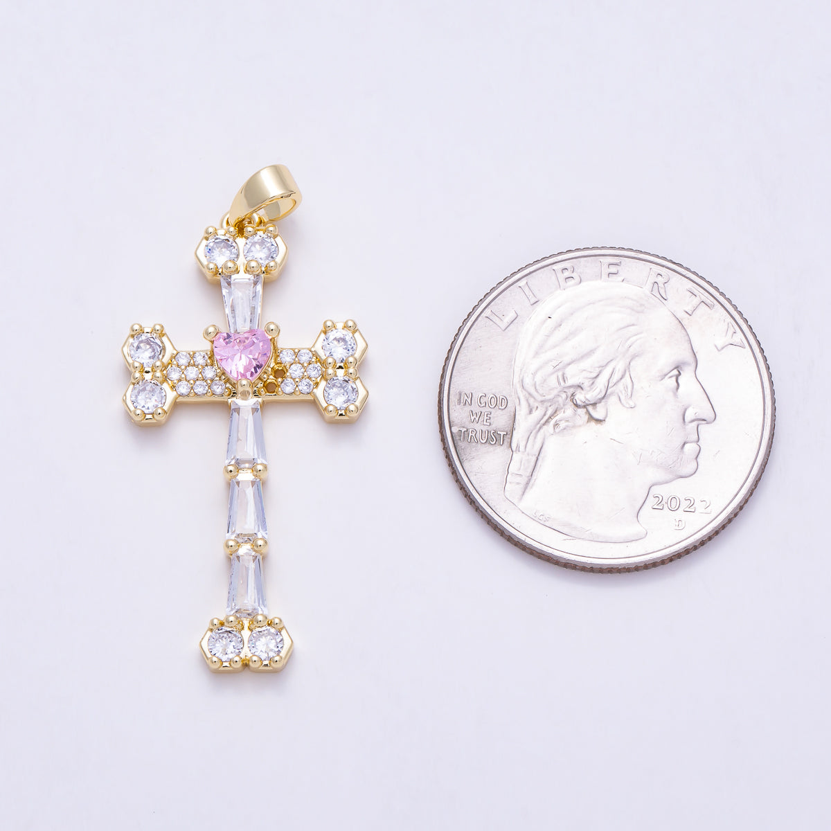 16K Gold Filled 35mm Pink Clear Baguette Micro Paved CZ Religious Cross Pendant | Charms-02058