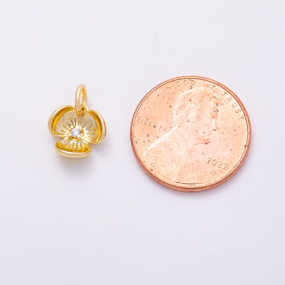 16K Gold Filled 10mm Clear CZ Lined Triple Petal Flower Round 3D Multidimensional Charm | Charms-02397