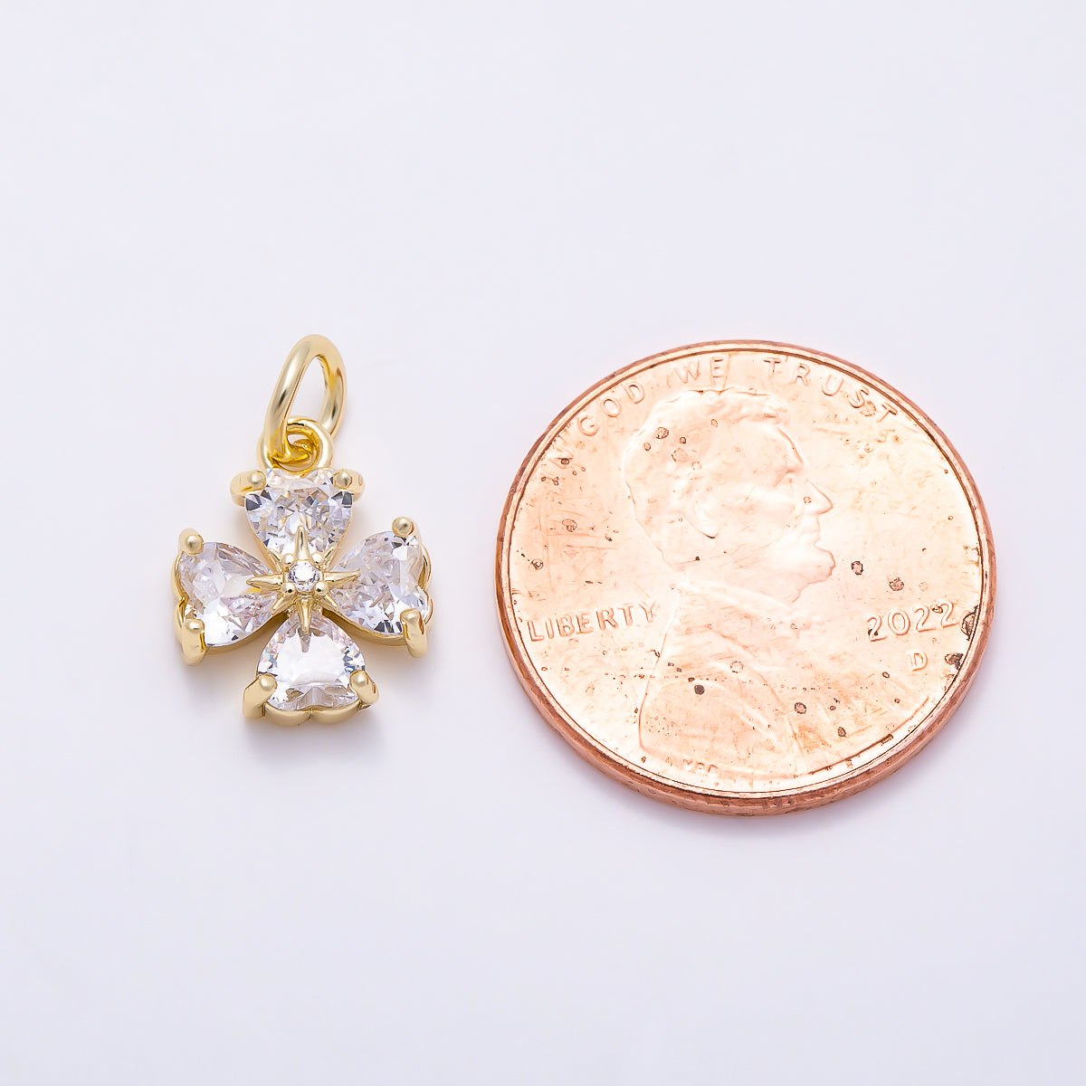 16K Gold Filled 12mm Heart CZ Starburst Four-Leaf Clover Charm | Charms-01623