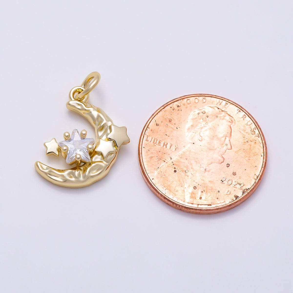 16K Gold Filled 15mm Star CZ Textured Molten Crescent Moon Charm | Charms-01619