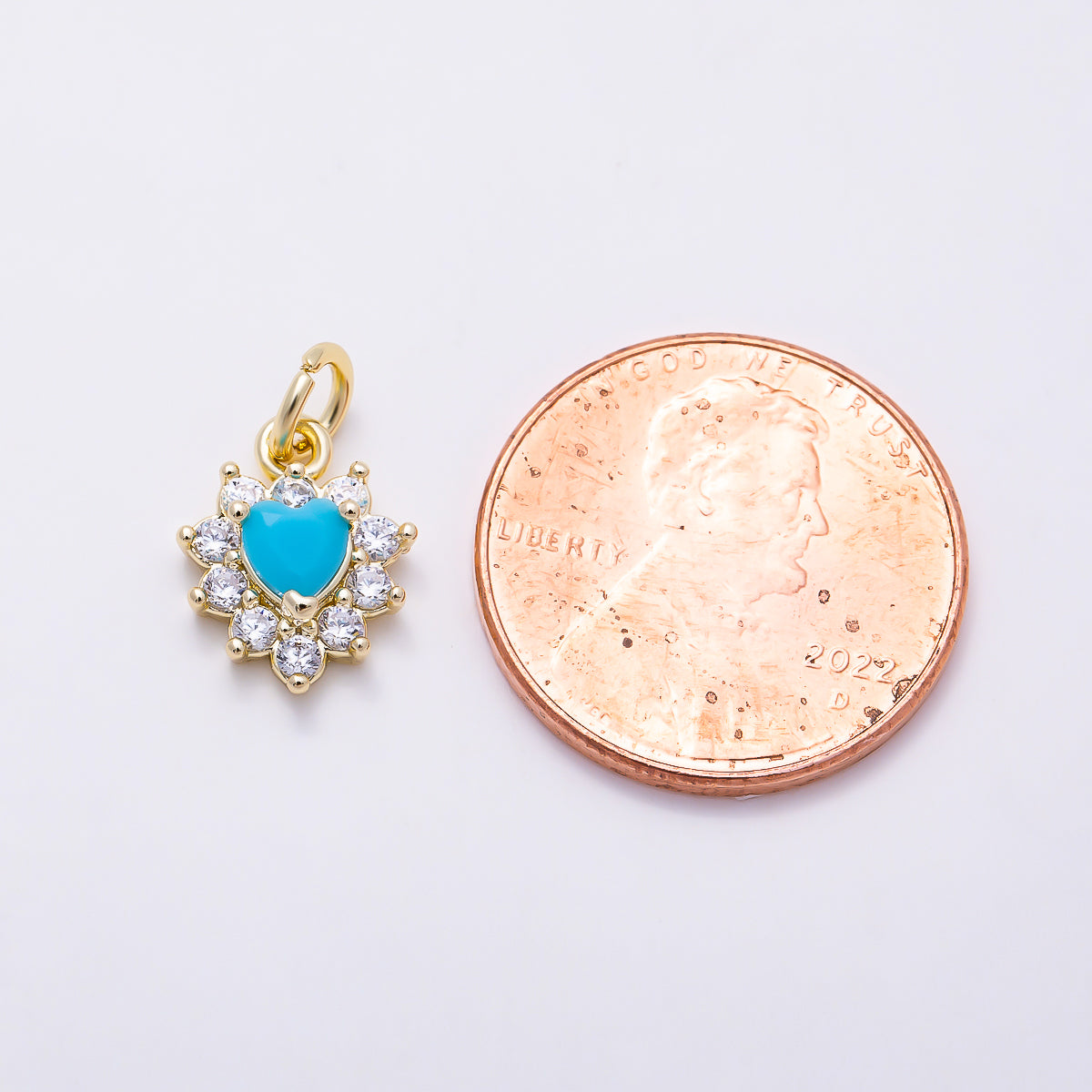 16K Gold Filled 11mm Clear CZ Starburst Turquoise Heart Charm | Charms-01625