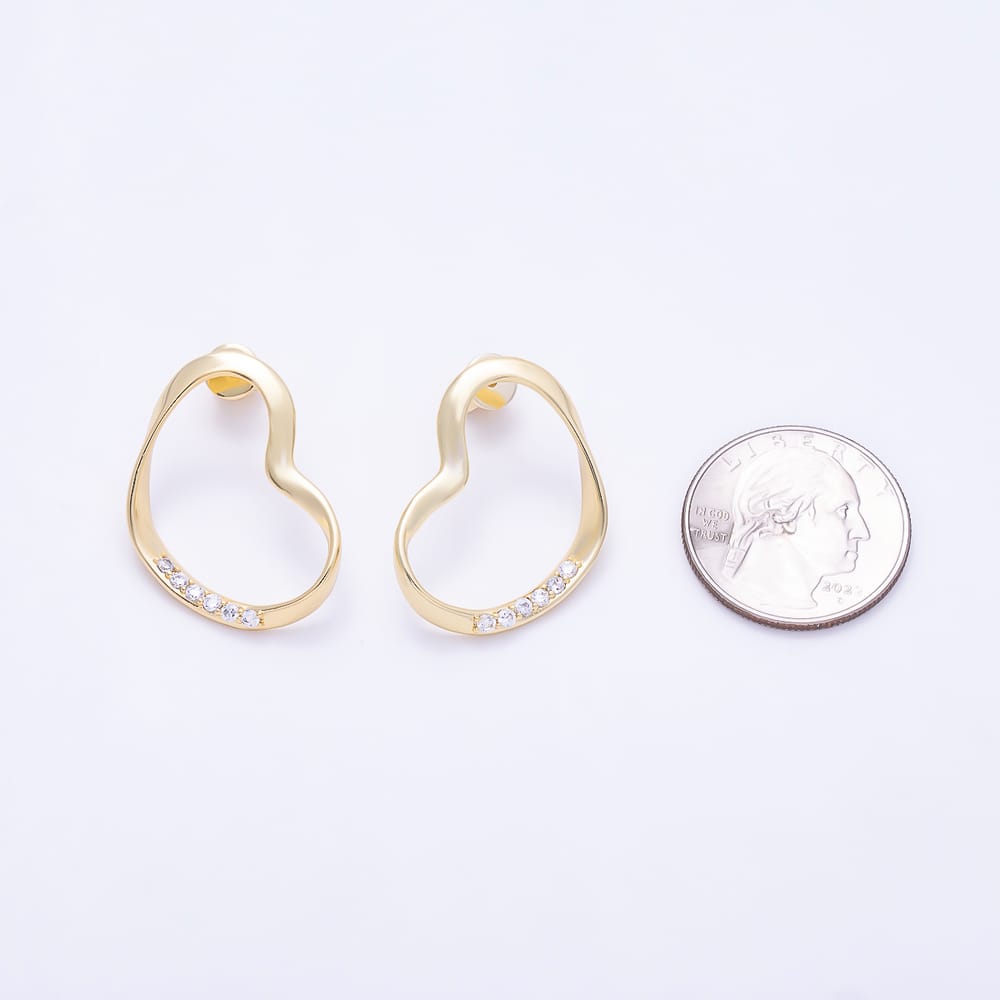 16K Gold Filled 30mm Micro Paved CZ Open Geometric Heart Stud Earrings | Earrings-01087