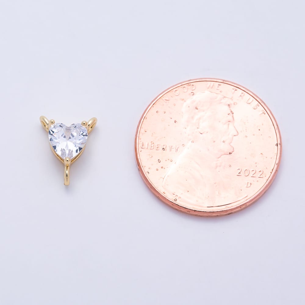 16K Gold Filled 9mm Clear CZ Heart Solitaire Triple Loop Connector | Connectors-00071