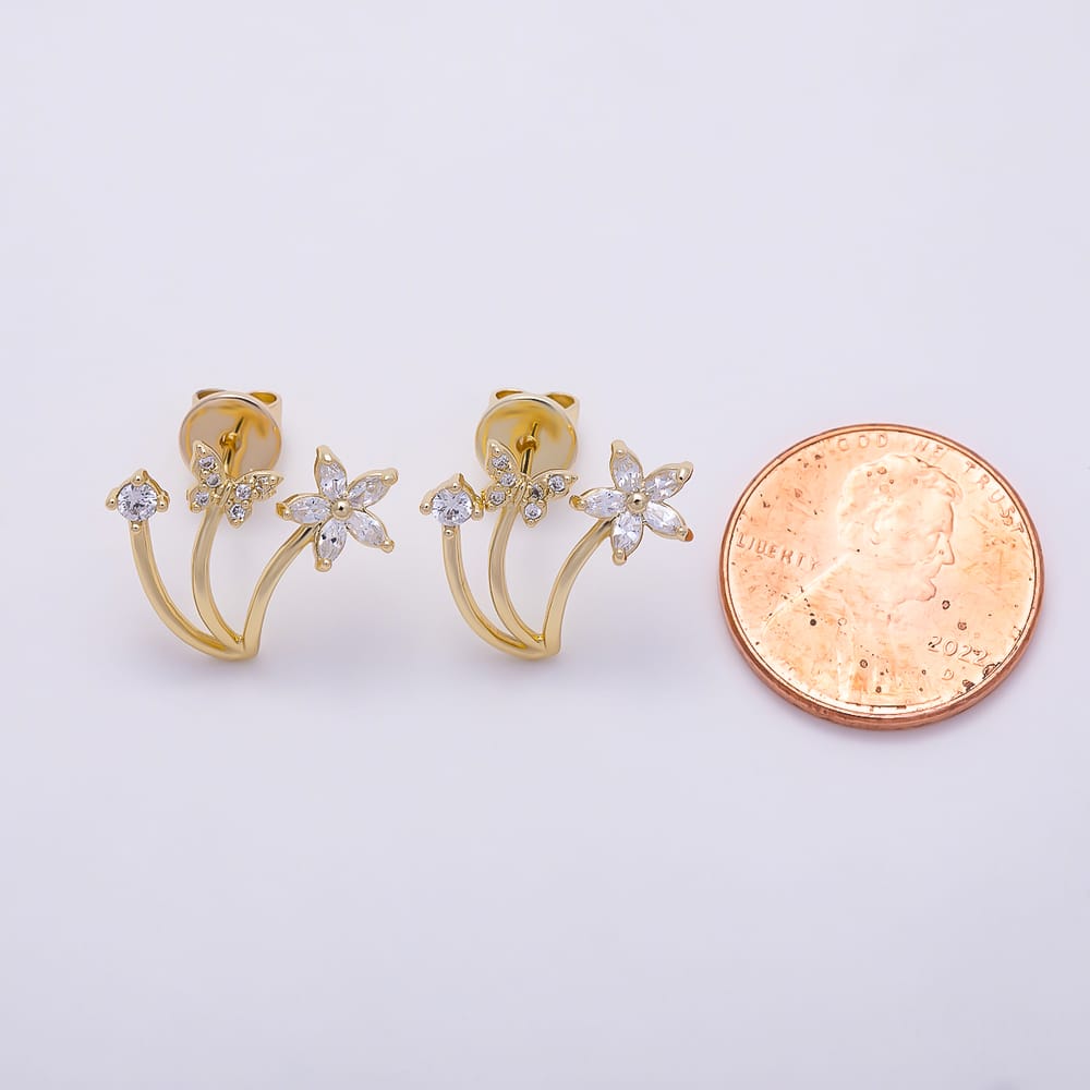 16K Gold Filled 16mm Round & Marquise CZ Triple Curved Flower Butterfly Garden Stud Earrings| Earrings-00973