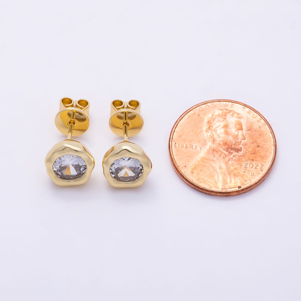 16K Gold Filled 9mm Clear CZ Molten Round Bezel Stud Earrings in Gold & Silver | Earrings-01066 Earrings-01067