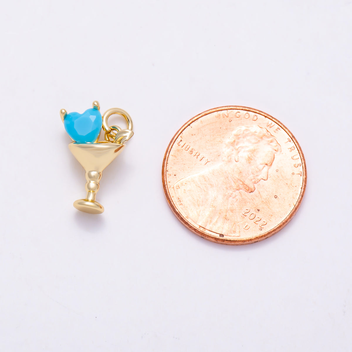 16K Gold Filled 14mm Turquoise Gemstone Heart Cocktail Martini Glass 3D Multidimensional Charm | Charms-02056