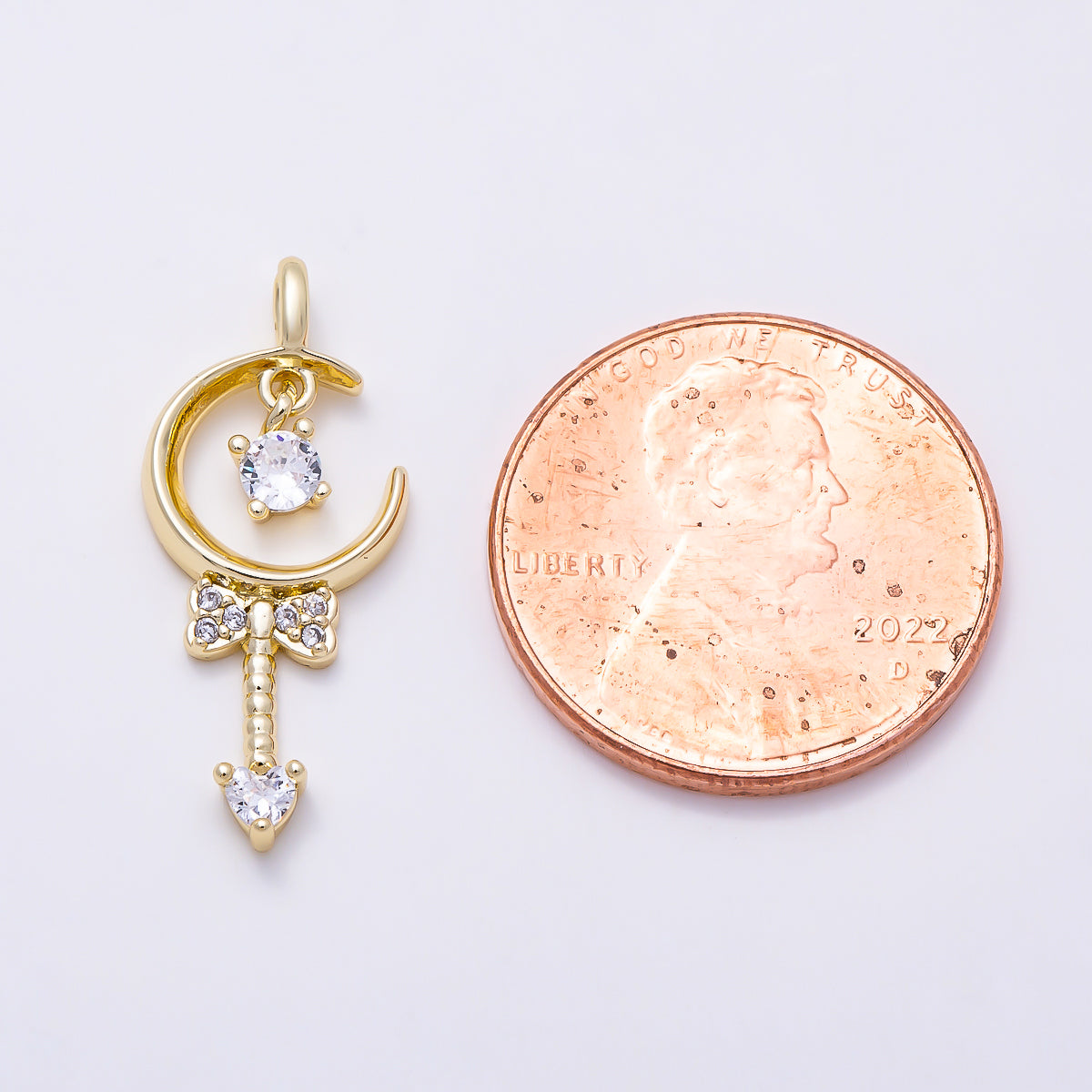 16K Gold Filled 23mm Micro Paved Ribbon Bow Heart CZ Magical Crescent Moon Wand Pendant | Charms-01615