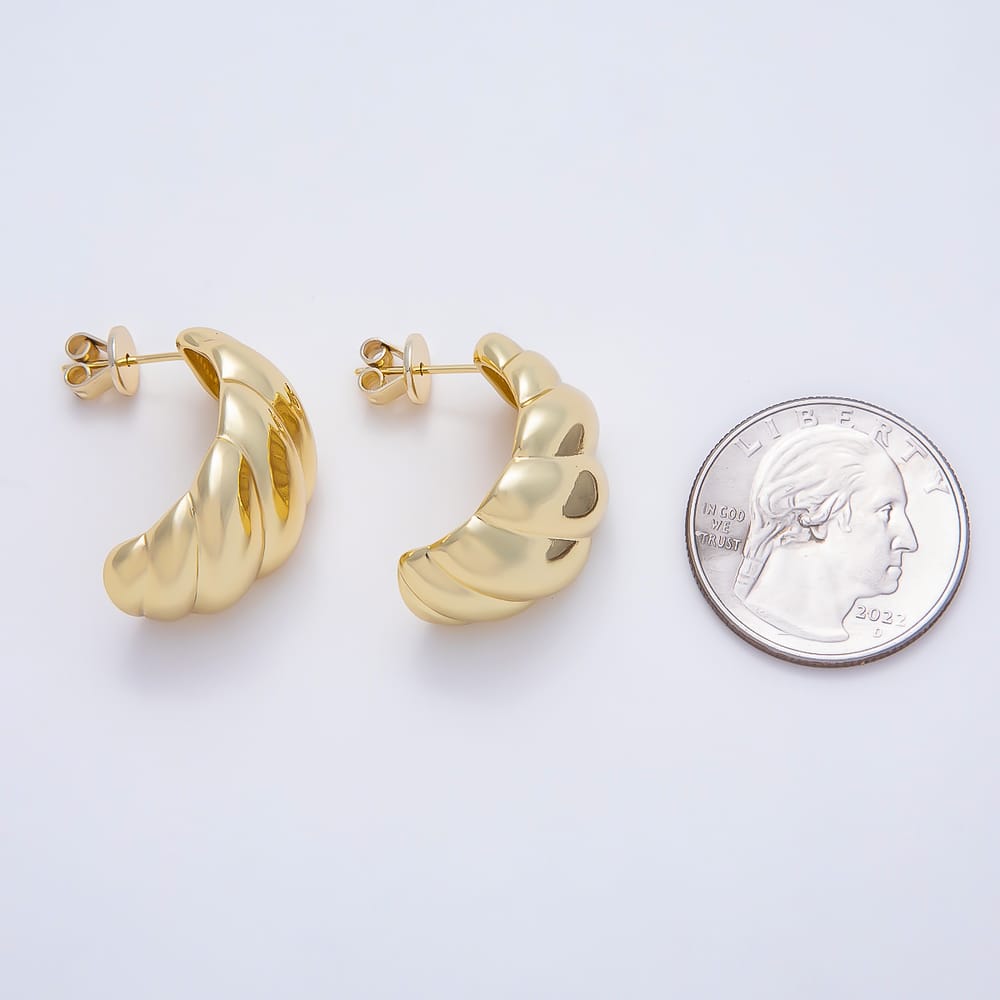16K Gold Filled 25mm Simple Plain Chunky Croissant Ribbed Half-Hoop Earrings| Earrings-00814