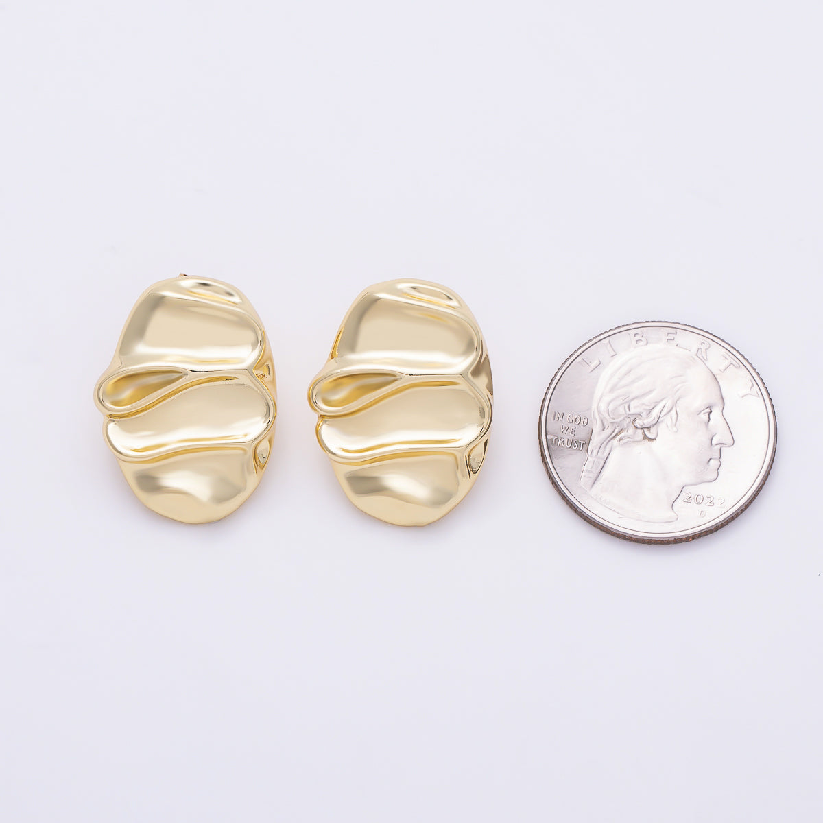 16K Gold Filled 25mm Geometric Hammered Oval Stud Earrings | Earrings-00793