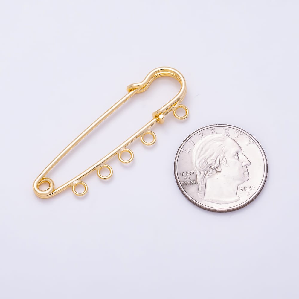 16K Gold Filled 50mm Minimalist Five Loops Safety Pin Brooch Bag Charm Findings | Findings-00190