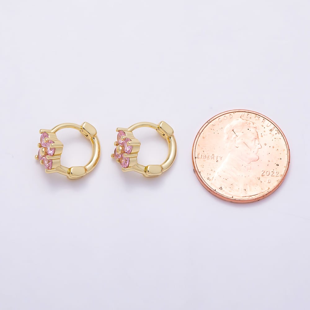 16K Gold Filled 12mm Clear, Pink CZ Clover Flower Huggie Earrings in Gold & Silver | Earrings-01072 ~ Earrings-01075