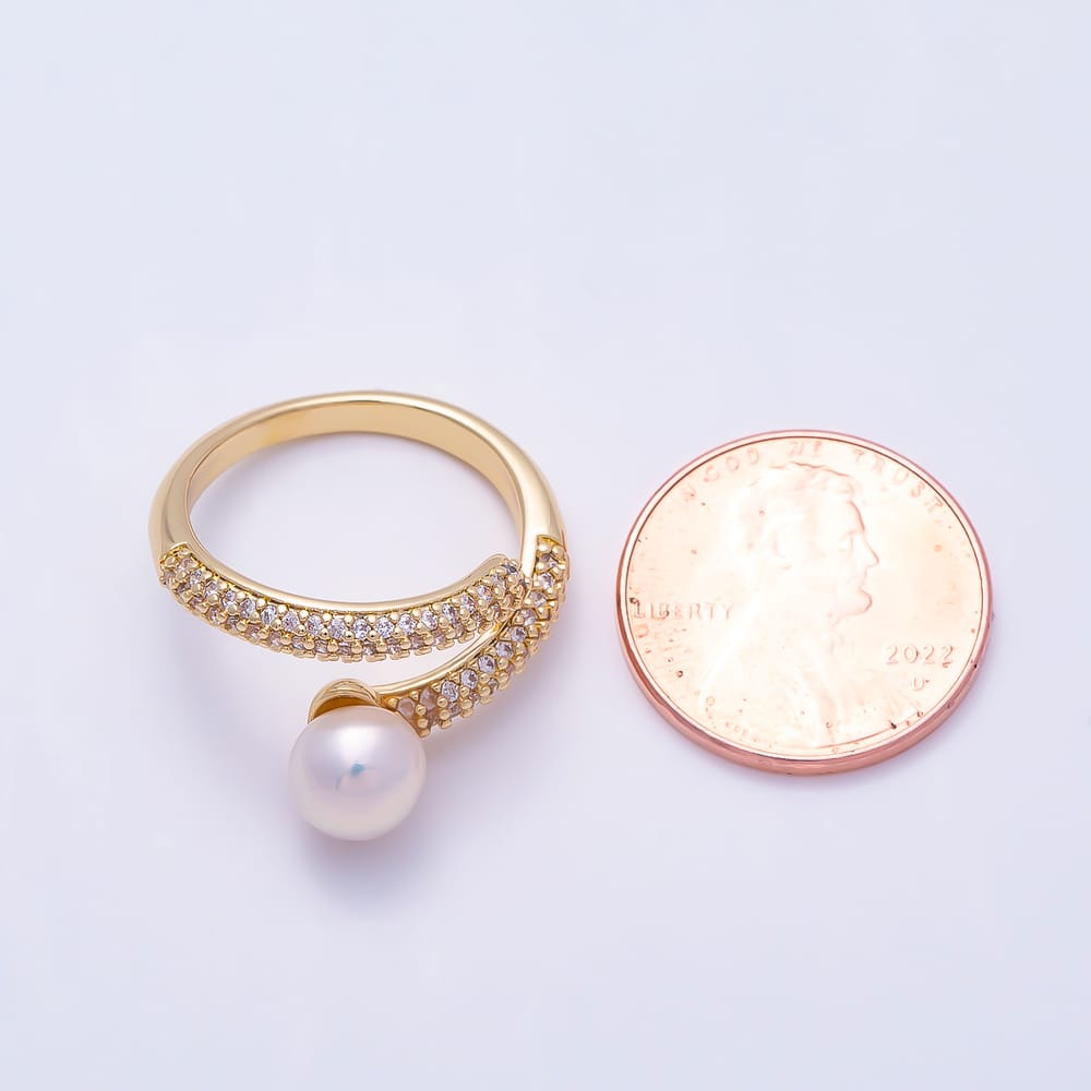 16K Gold Filled Shell Pearl Micro Paved CZ Wrap Adjustable Ring | Rings-00425