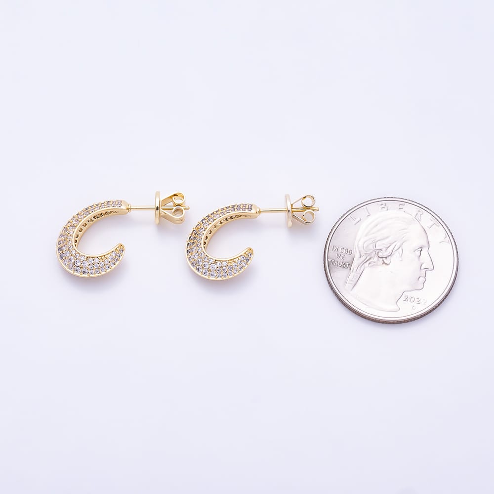 16K Gold Filled 24mm Micro Paved CZ Thin Dome J-Shaped Hoop Earrings | Earrings-01093