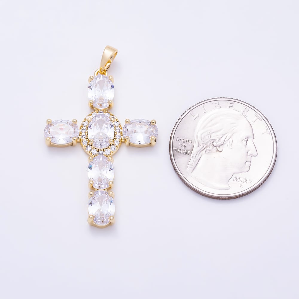 16K Gold Filled 40mm Clear Oval Micro Paved CZ Religious Cross Pendant | Charms-02191