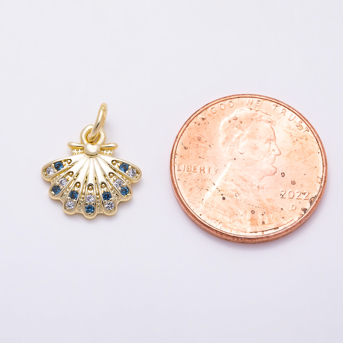 16K Gold Filled 11mm Blue and Clear CZ Fan-Shaped Peacock Tail Charm | Charms-01616