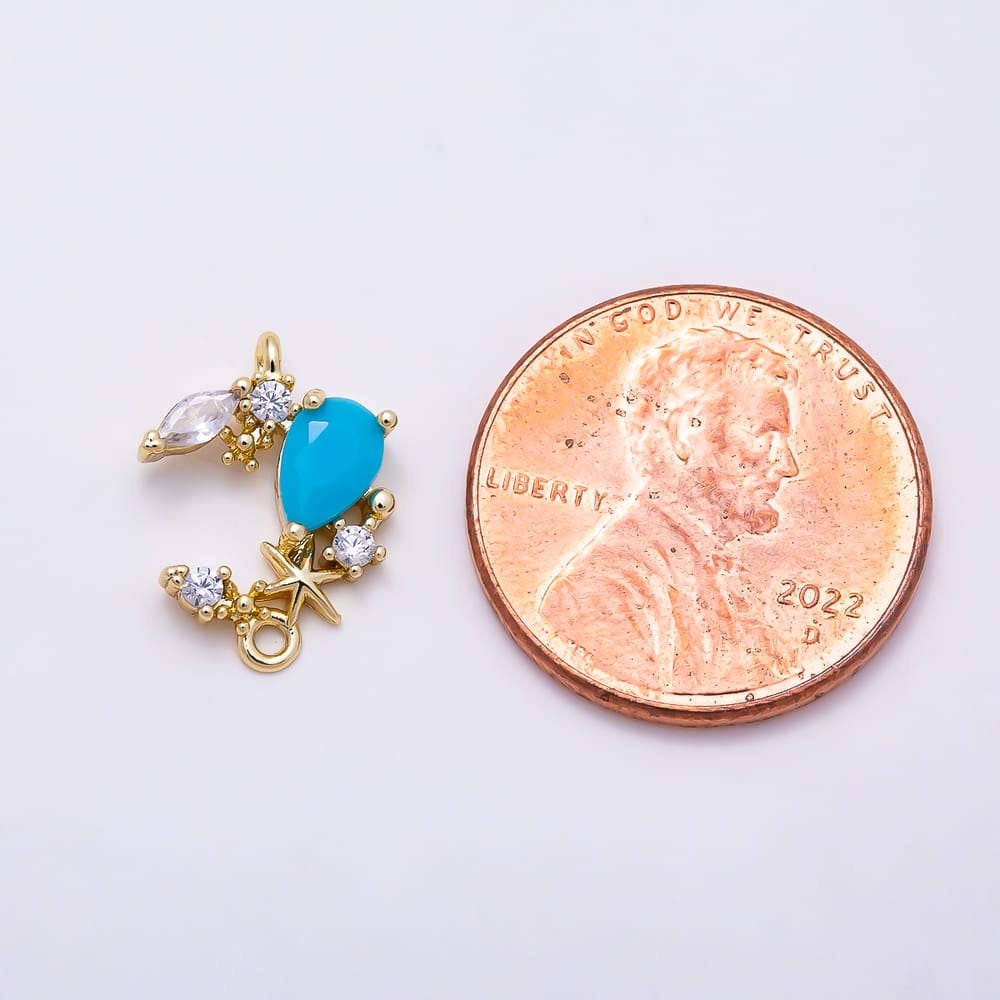 16K Gold Filled 14mm Turquoise Teardrop CZ Crescent Moon & Starfish Beach Connector Link | Connectors-00050 - Connectors-00051