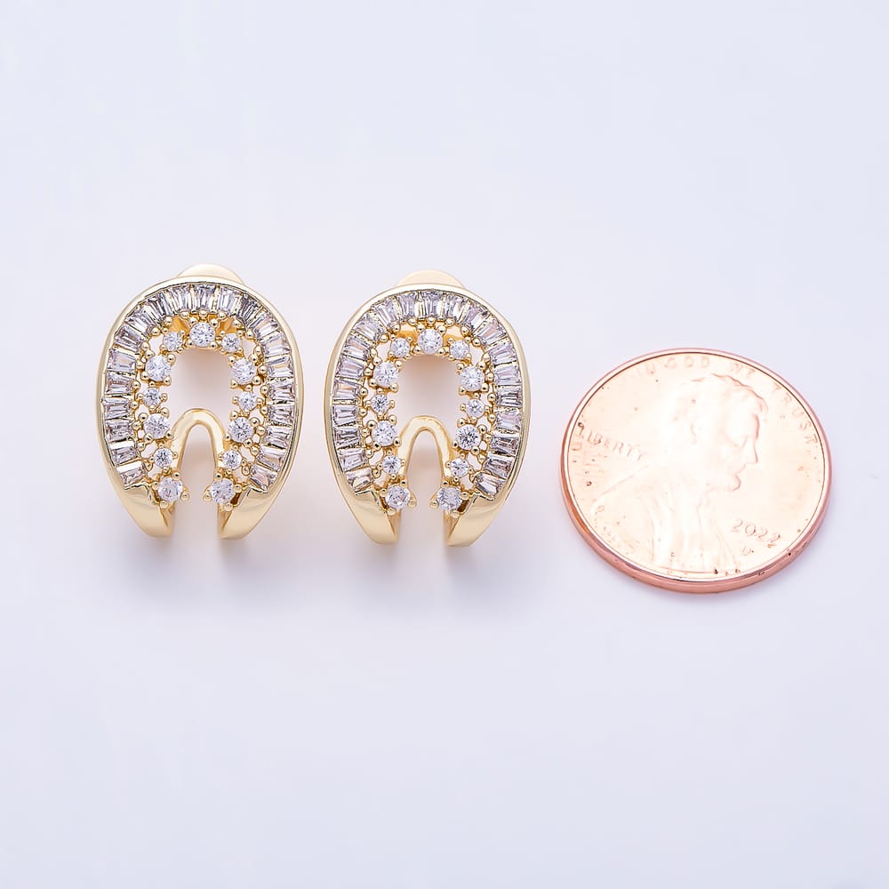16K Gold Filled 18mm Horseshoe Baguette & Round CZ C-Hoop Stud Earrings | Earrings-00944