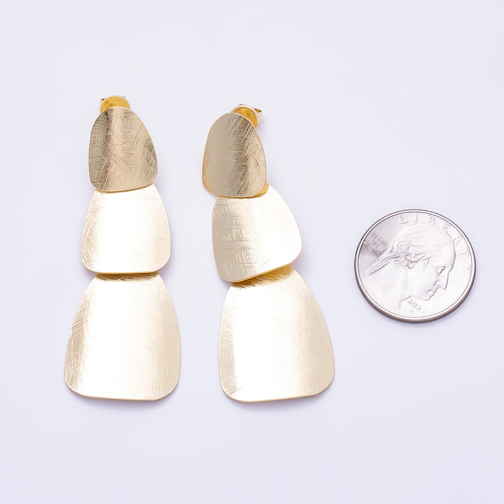 16K Gold Filled 62mm Triple Lined Textured Geometric Drop Earrings | Earrings-01139