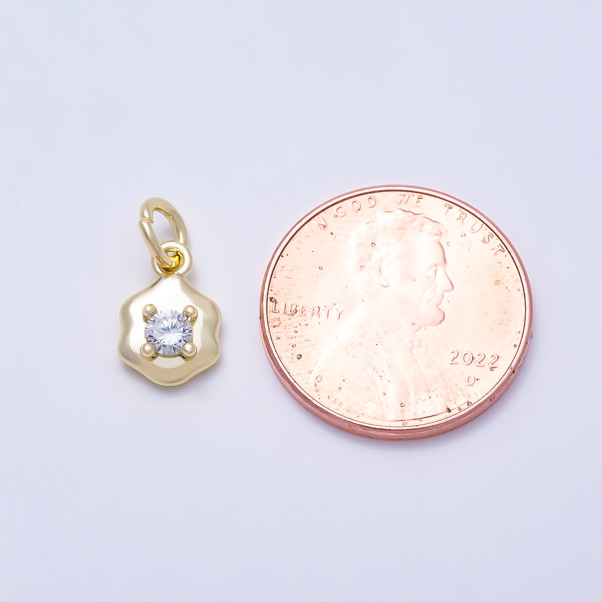 16K Gold Filled 10mm Scalloped Hexagon Solitaire Round CZ Charm | Charms-01644