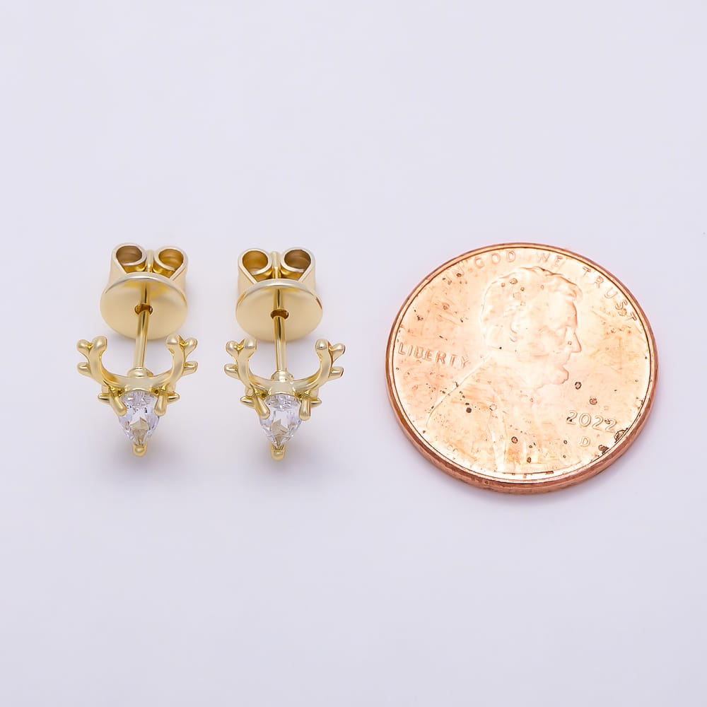 CHRISTMAS HOLIDAYS 16K Gold Filled 10mm Clear CZ Reindeer Mini Stud Earrings | Earrings-00969