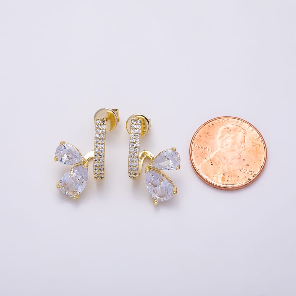 16K Gold Filled 19mm Micro Paved CZ Bar Double Pear Cut Drop C Hoops Earrings | Earrings-00951