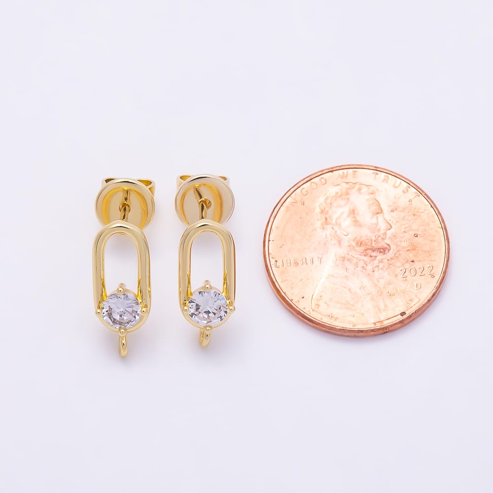 16K Gold Filled 14mm Clear CZ Round Paperclip Link Loop Drop Stud Earring Findings | Findings-00195