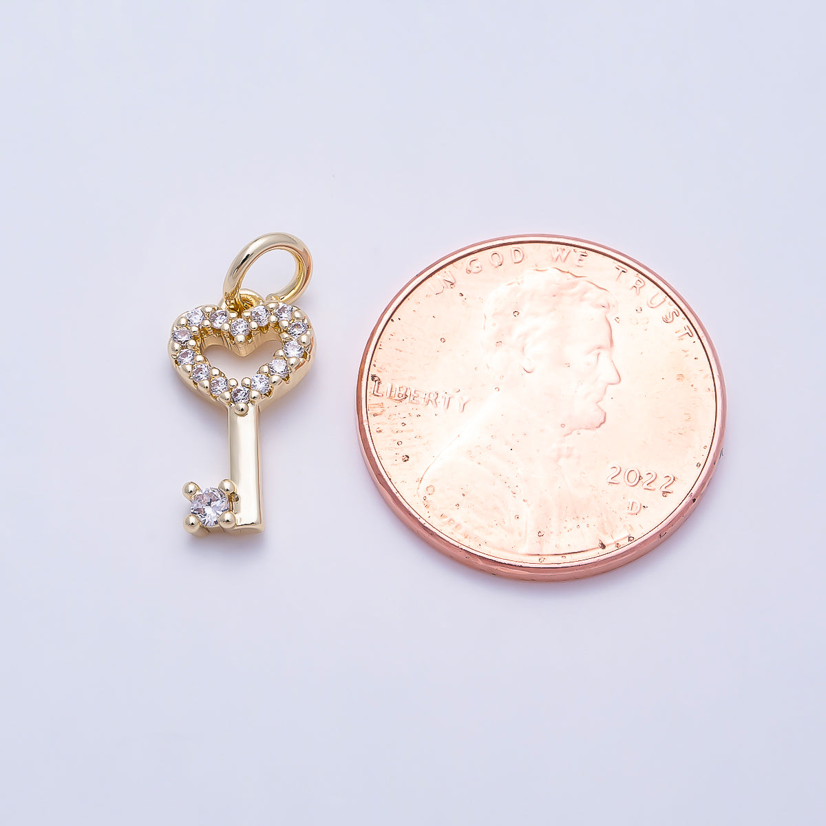 16K Gold Filled 13mm Micro Paved CZ Heart Bow Key Charm | Charms-01639