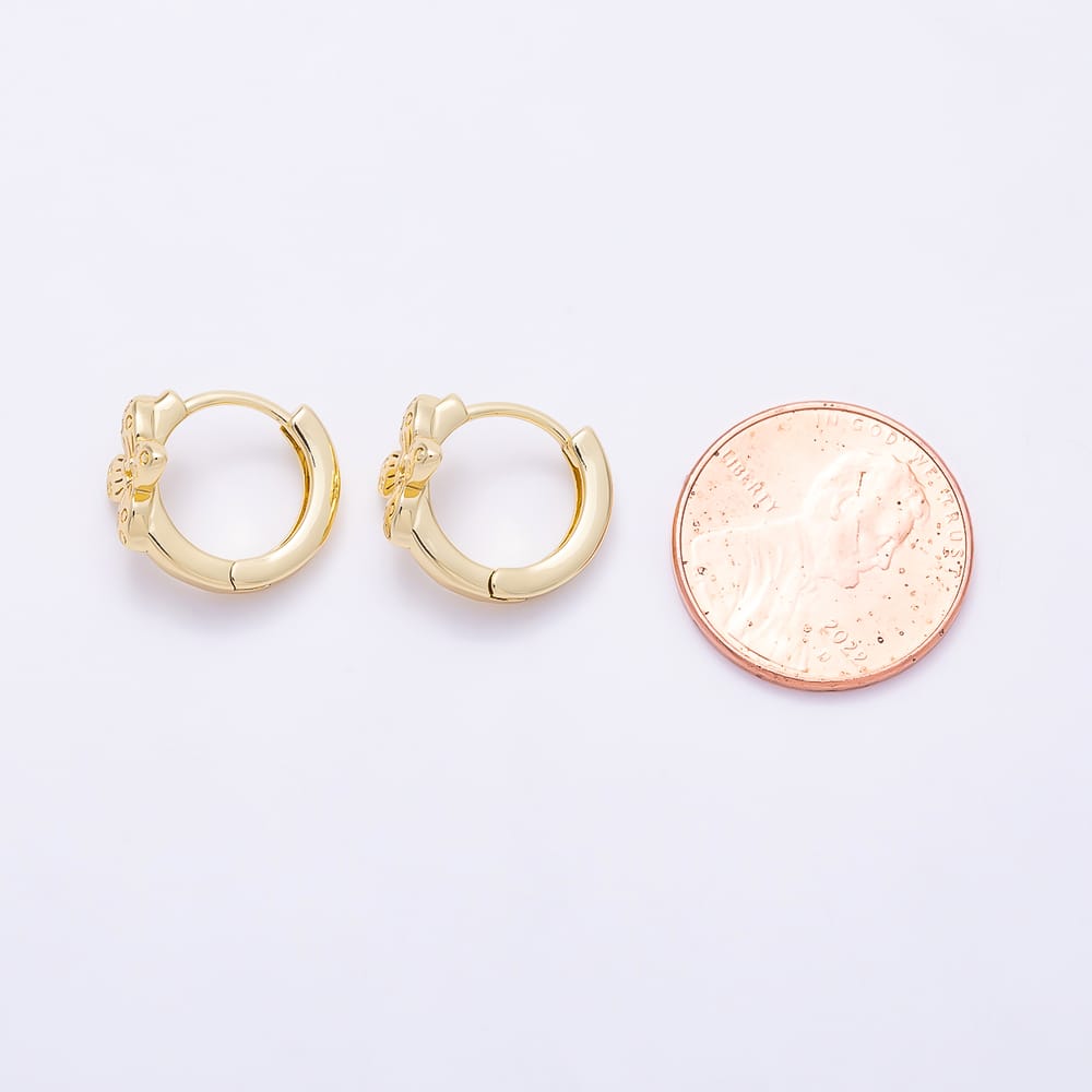 16K Gold Filled 14mm Engraved Four-Petal Flower Huggie Hoop Earrings | Earrings-00959 - Earrings-00960