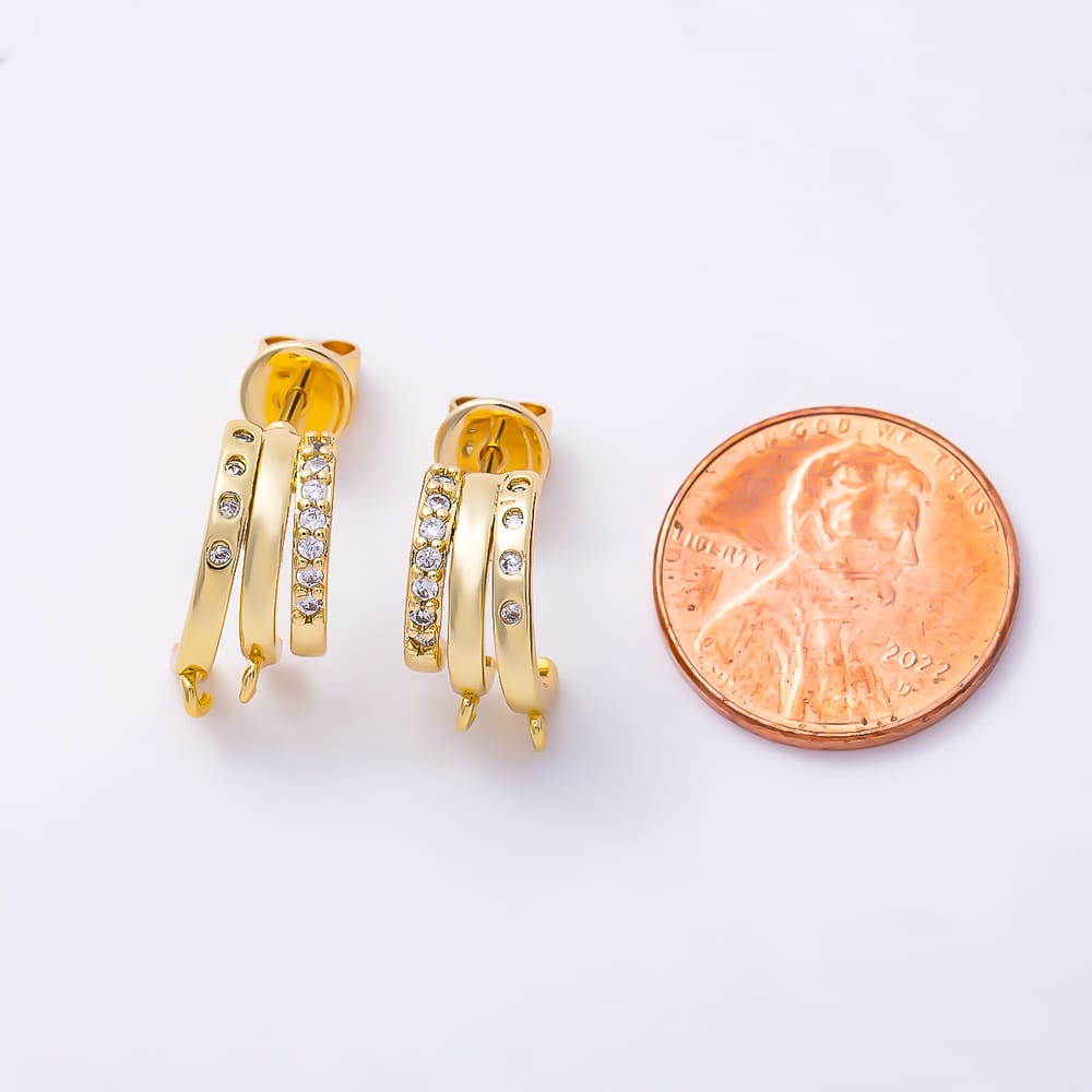 16K Gold Filled 18mm Micro Paved CZ Dotted Open Loop Triple Drop C-Shaped Earring Findings in Gold & Silver | Findings-00596 Findings-00597