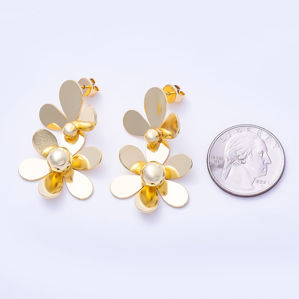 16K Gold Filled 41mm Double Tiered Daisy Flower Drop Statement Stud Earrings | Earrings-00977