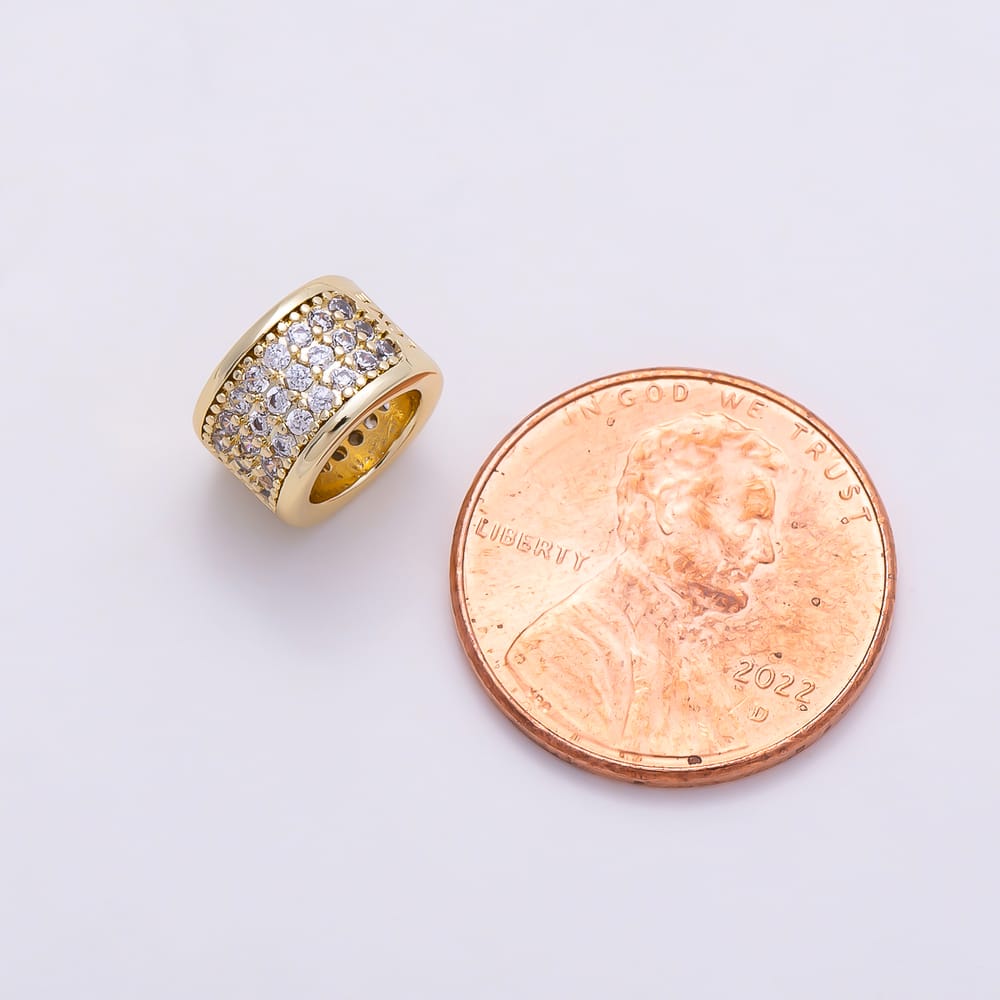 16K Gold Filled 9mm 3-Row Micro Paved CZ Rondelle Bead in Gold & Silver | Beads-00626 Beads-00627