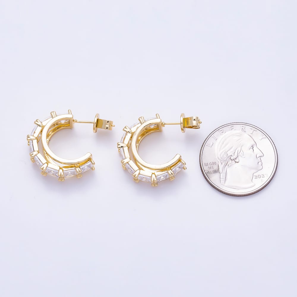 16K Gold Filled 28mm Radiant Cut Clear CZ C Hoop Earrings | Earrings-01057 - Earrings-01058