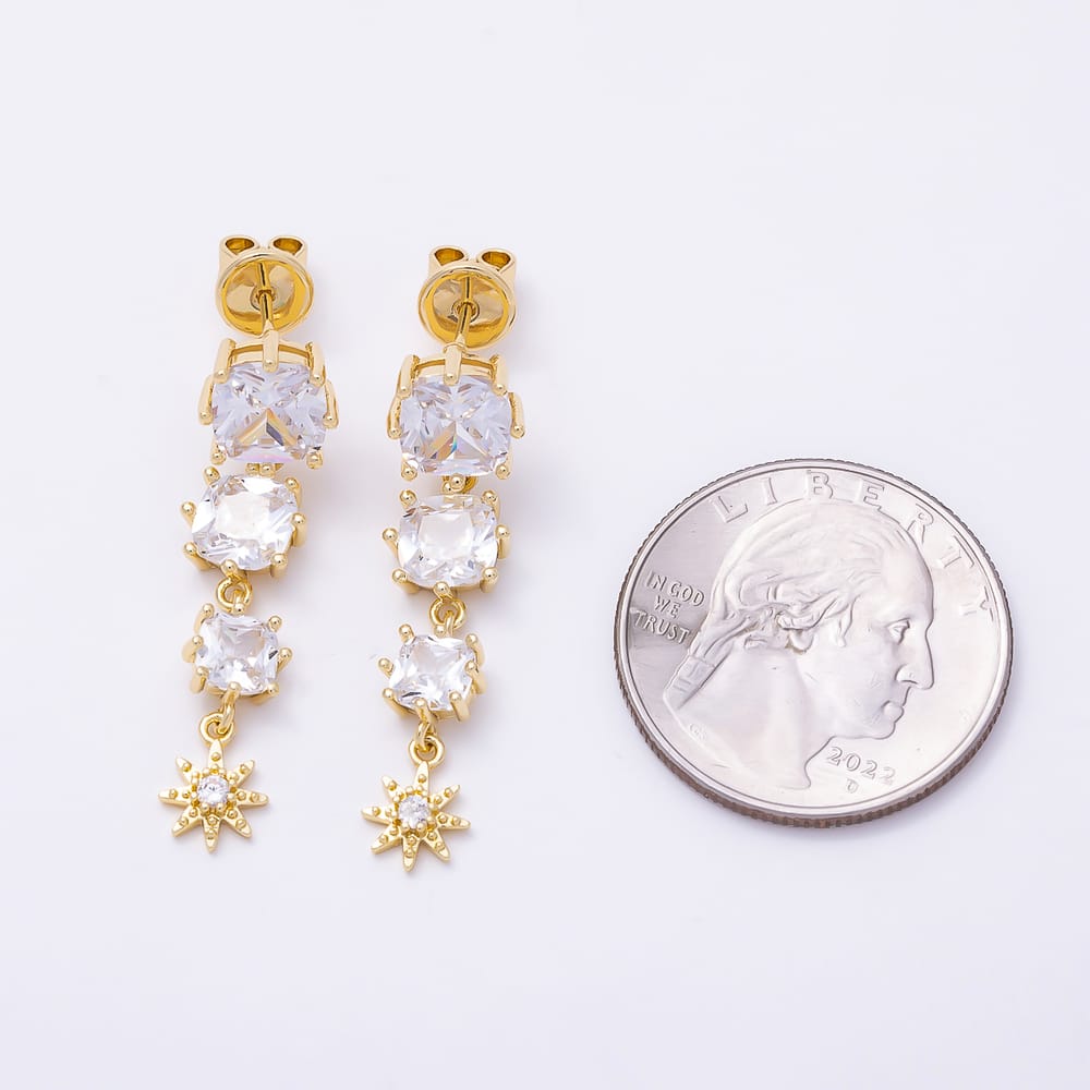 16K Gold Filled 35mm Clear CZ Square Sun Celestial Drop Stud Earrings in Gold & Silver | Earrings-01055 Earrings-01056