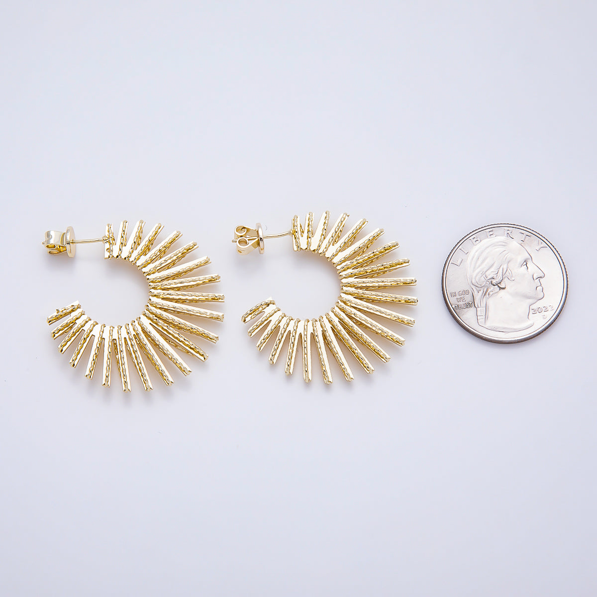 16K Gold Filled 34mm Sunburst Textured Open C- Hoop Earrings in Gold & Silver | Earrings-00809 - Earrings-00810