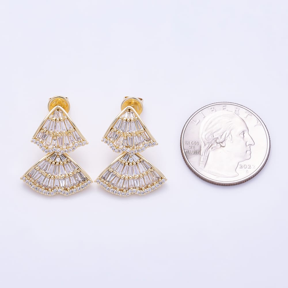 16K Gold Filled 24mm Baguette Micro Paved CZ Double Fan Drop Stud Earrings | Earrings-01091