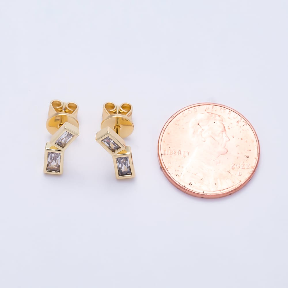 16K Gold Filled 13mm Dual Asymmetrical Baguette Cut Clear CZ Stud Earrings | Earrings-01036 - Earrings-01037