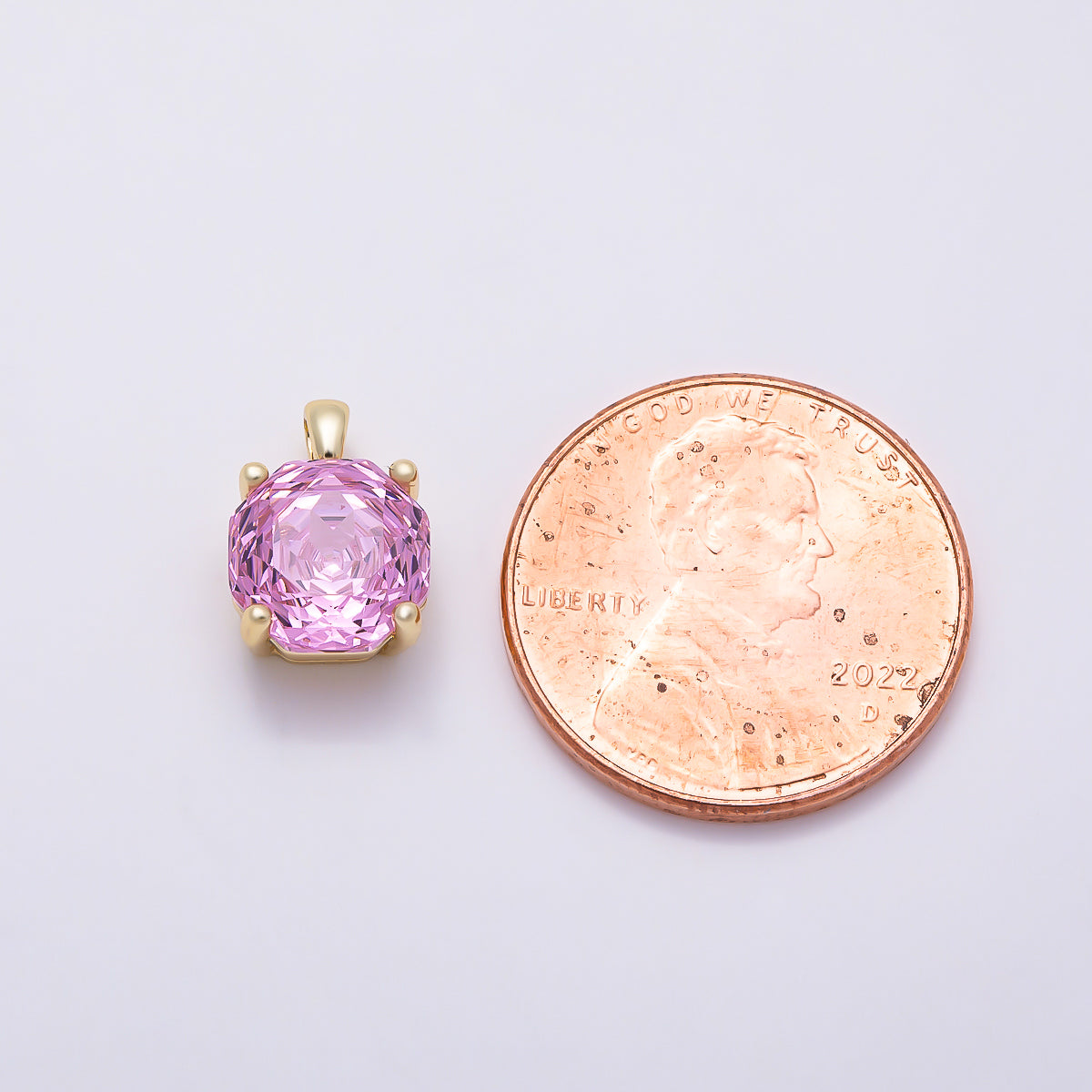 16K Gold Filled 11.5mm Purple, Clear, Pink CZ Prong Hexagon Round Pendant | Charms-01542 ~ Charms-01545