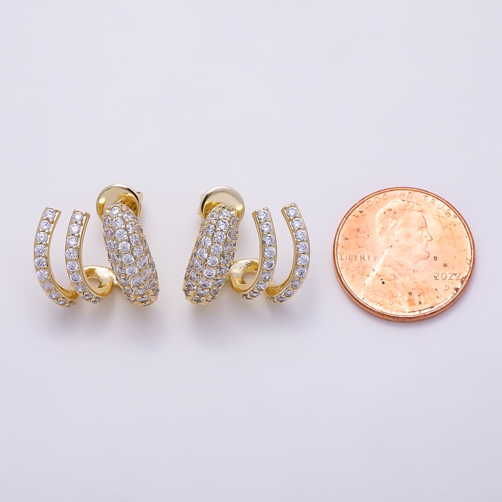 16K Gold Filled 16mm Micro Paved CZ Triple Curved Claw C Hoops Earrings | Earrings-00952