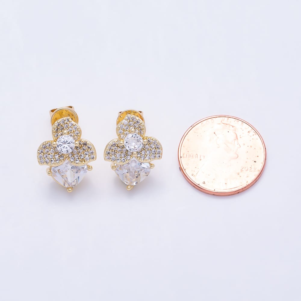 16K Gold Filled 17mm Clear Micro Paved CZ Flower Drop Stud Earrings in Gold & Silver | Earrings-01053 Earrings-01054