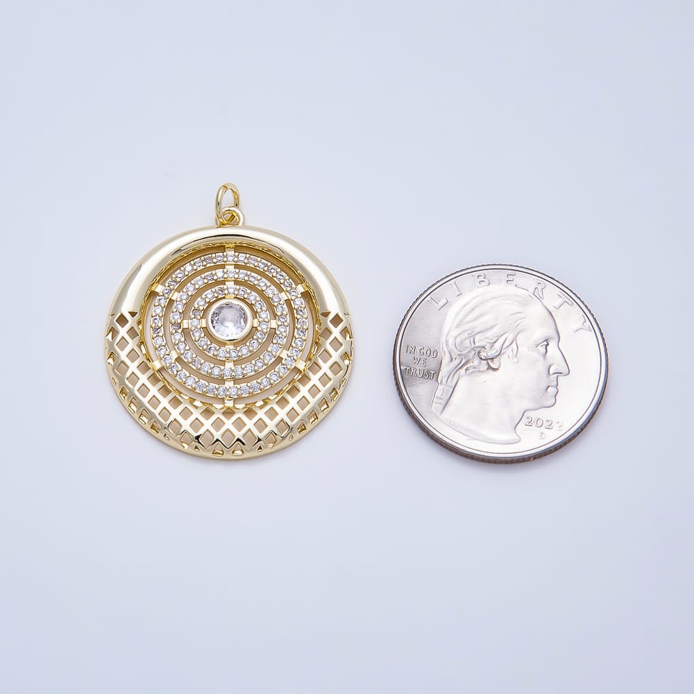 16K Gold Filled 30mm Clear Micro Paved CZ Round Multi Band Rhombus Filigree Geometric Charm | Charms-02242