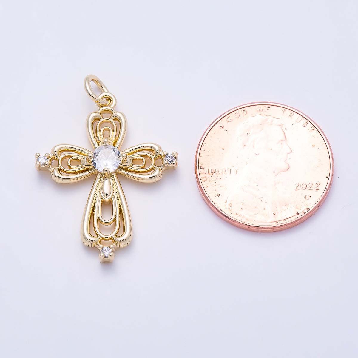 16K Gold Filled 25mm Clear Solitaire CZ Vintage Victorian Filigree Cross Charm | Charms-01638