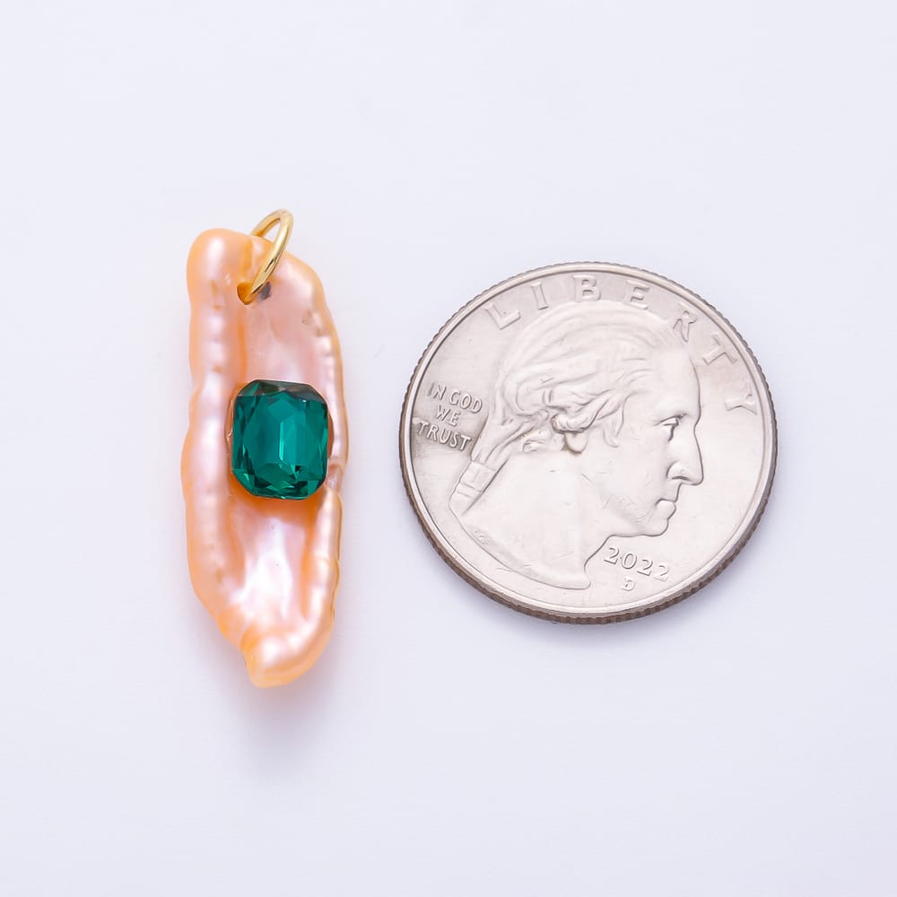 16K Gold Filled 26mm Green, Pink, Blue Baguette CZ Biwa Freshwater Pearl Rectangle Pendant | Charms-02465 ~ Charms-02467