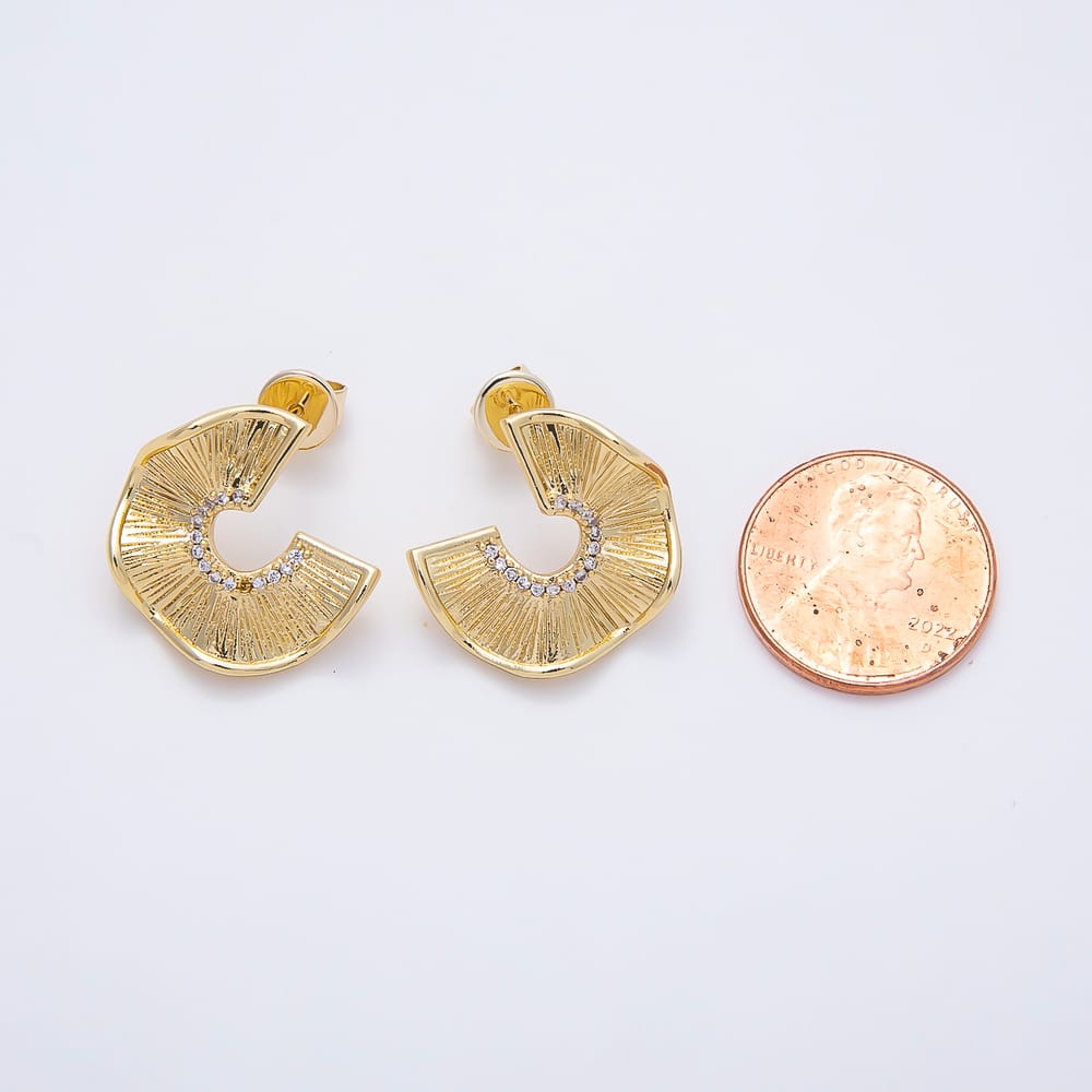 16K Gold Filled 20mm Clear CZ Radiant Sunburst Textured Fan Stud Earrings| Earrings-00813