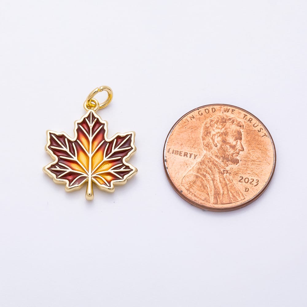 AUTUMN FALL | 16K Gold Filled 18mm Orange Red Gradient Enamel Maple Leaf Charm | Charms-02576